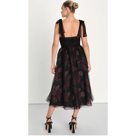 Lulus Striking Scene Black Floral Mesh Ruched Tie-Strap Midi Dress Size XL - Picture 10 of 11